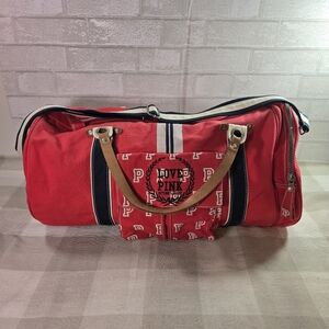 Vintage Y2K Victoria's Secret Large Red Duffel Bag Canvas Leather Handle Love